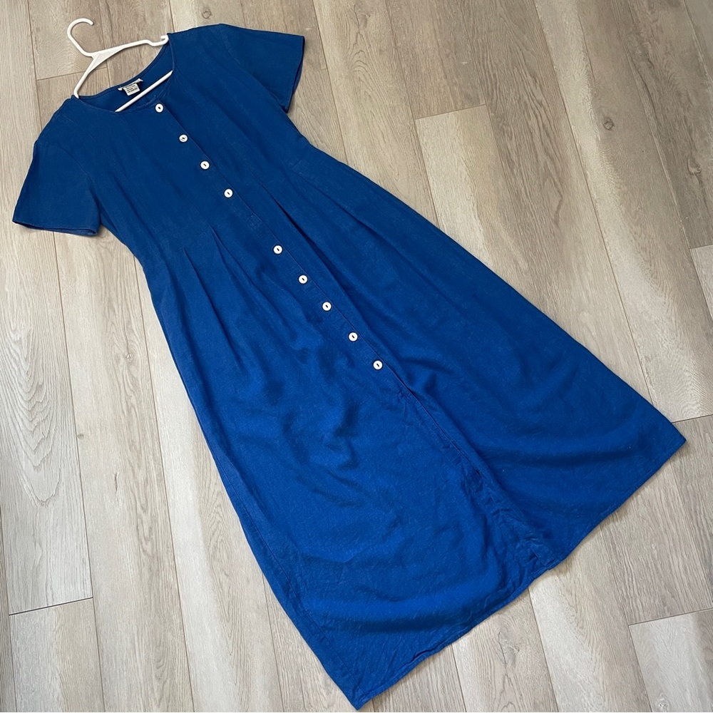 Vintage Linen Dress bobbie bee button front pleat midi Blue size 12 traditional
